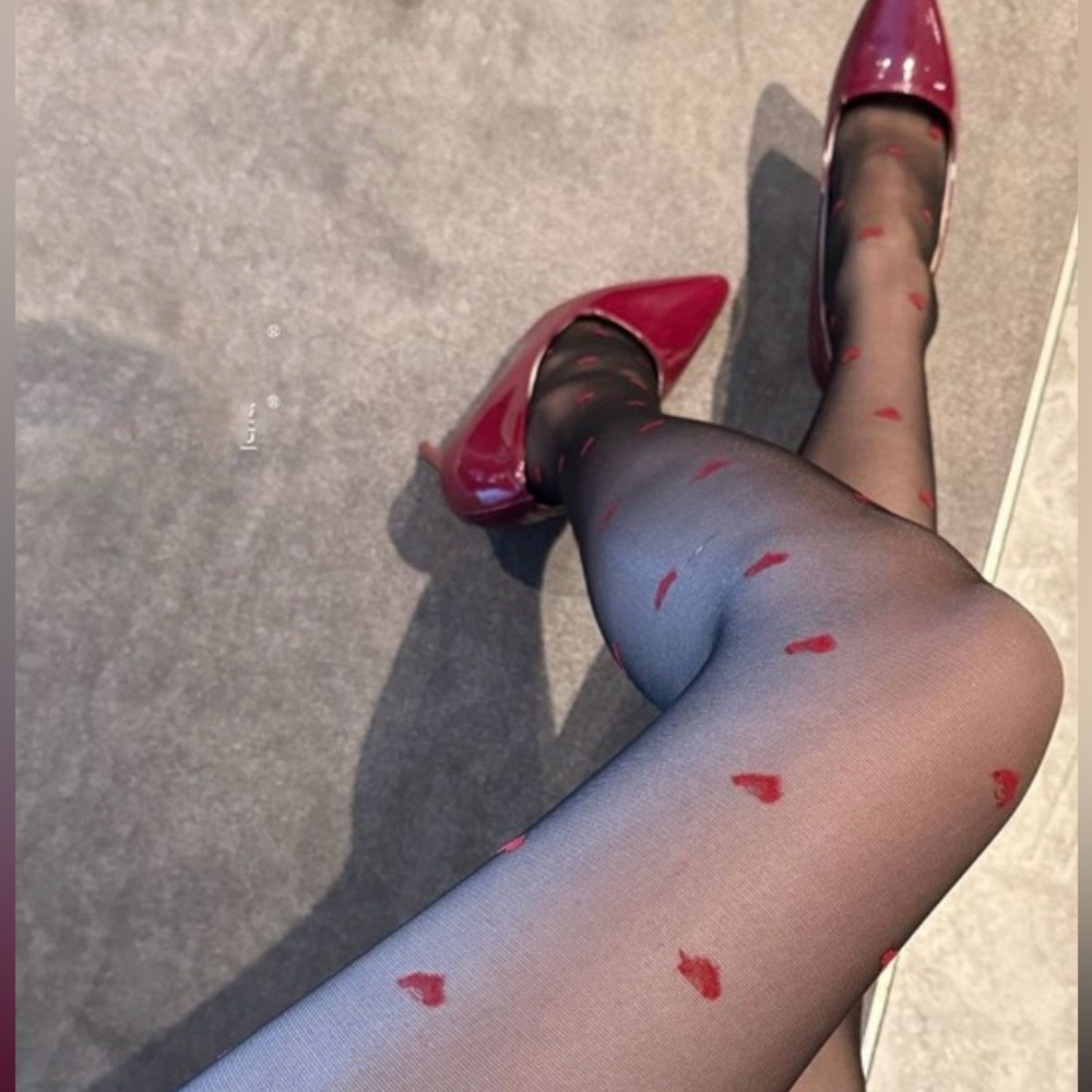 Elegant Black sheer pantyhose with red hearts